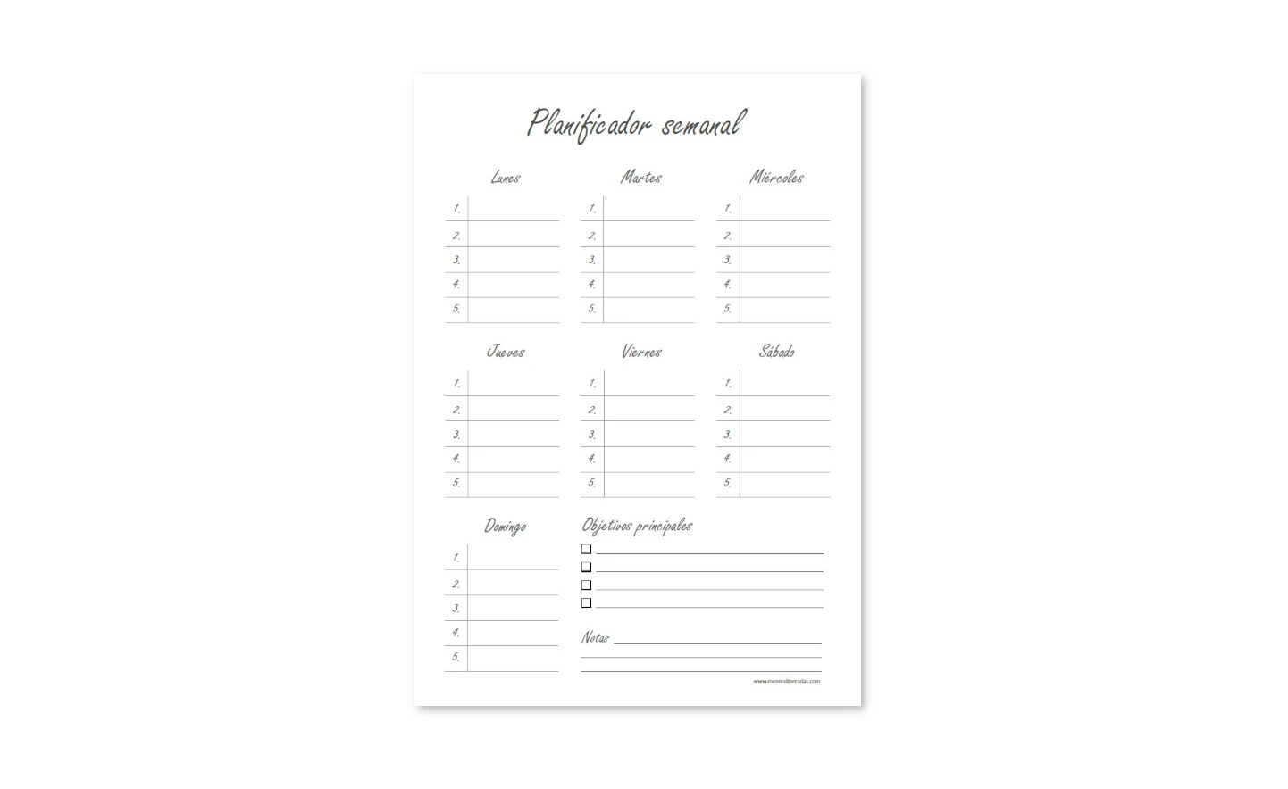 Nuevo Planificador Semanal con objetivos y notas para descargar